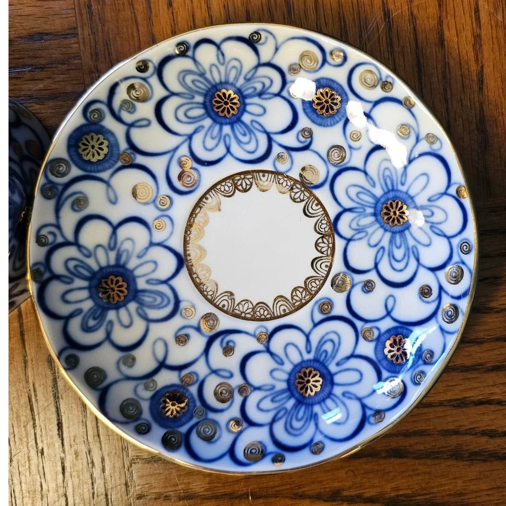 Lomonosov Imperial Porcelain Cobalt Blue Gold Floral Tea Cup Saucer Set USSR
